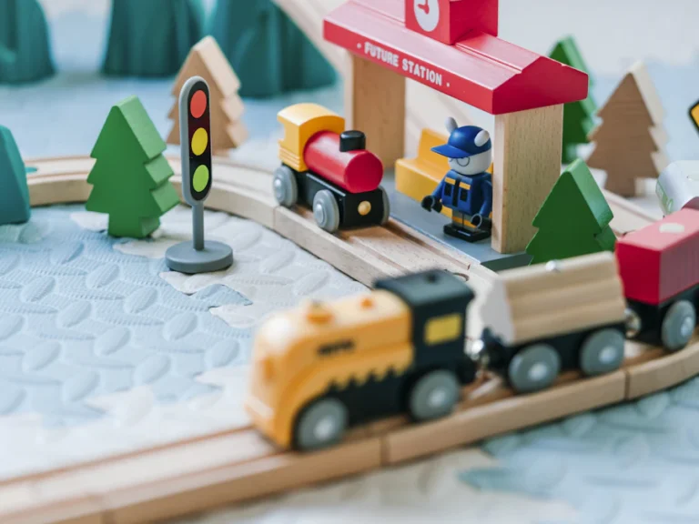Children’s toy train set to be packed from a child’s room