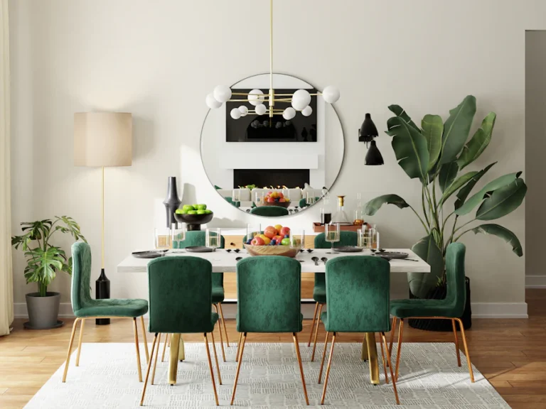 Dining room with table and green chairs before a home move