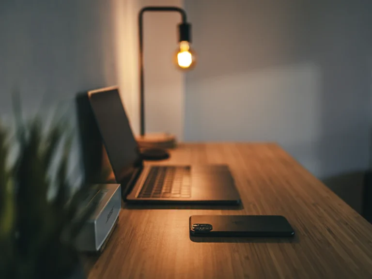 Home office desk with laptop and lamp ready for packing