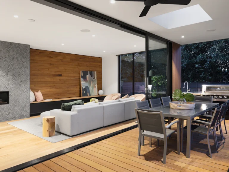 Modern living room with sofa and armchairs ready for packing