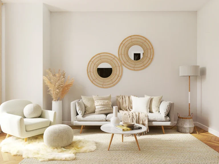 Living room with round wall mirrors and decorative items