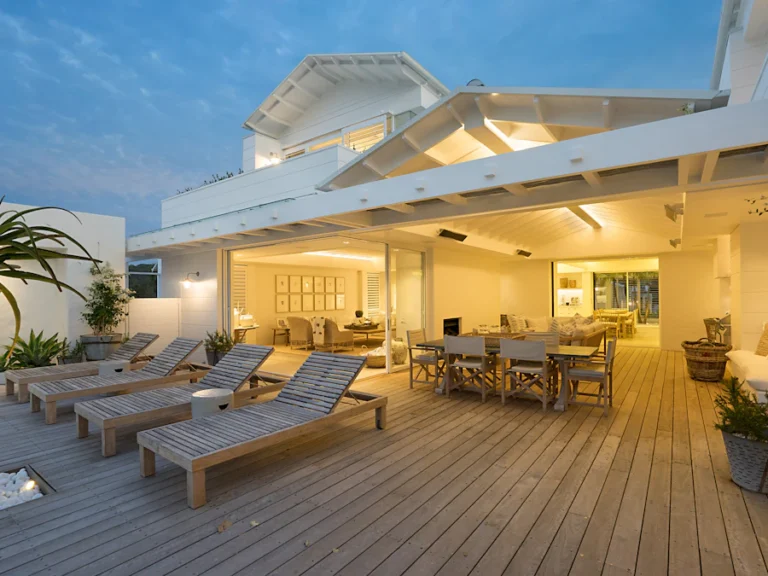 Outdoor terrace with loungers and patio furniture before packing