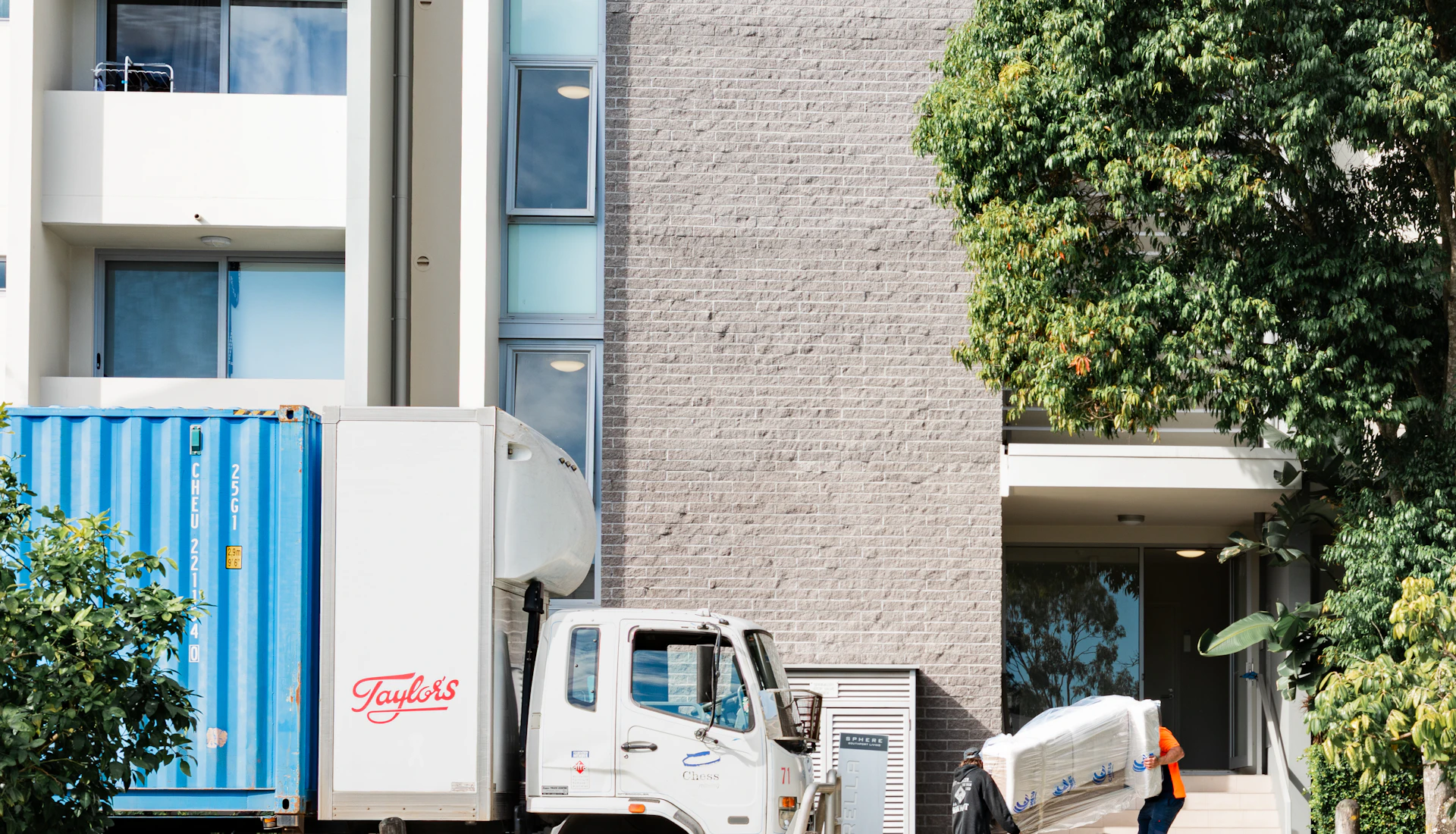 Professional furniture movers carrying furniture to a moving truck