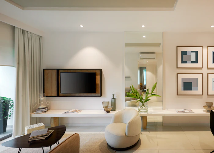 Living room TV unit and armchair ready for furniture protection